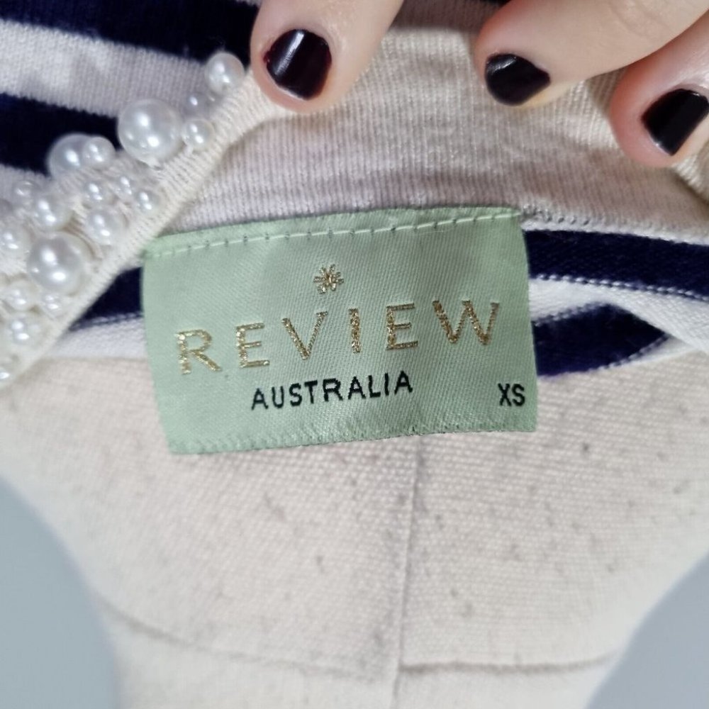 Review Blue & White Stripe Beaded Scoop Neck 3/4 Sleeve Jumper Size XS - Picture 6 of 7